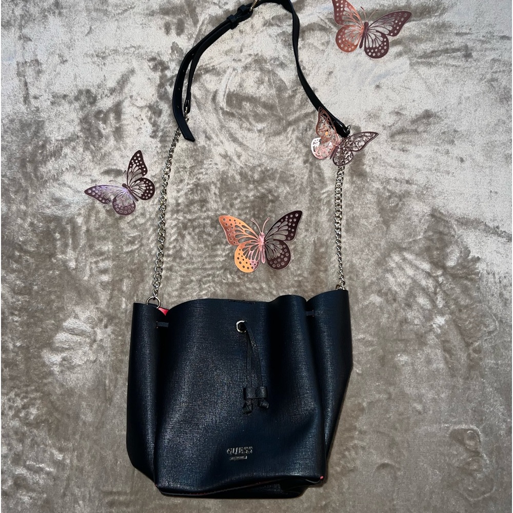 Black and Red bucket GUESS purse.